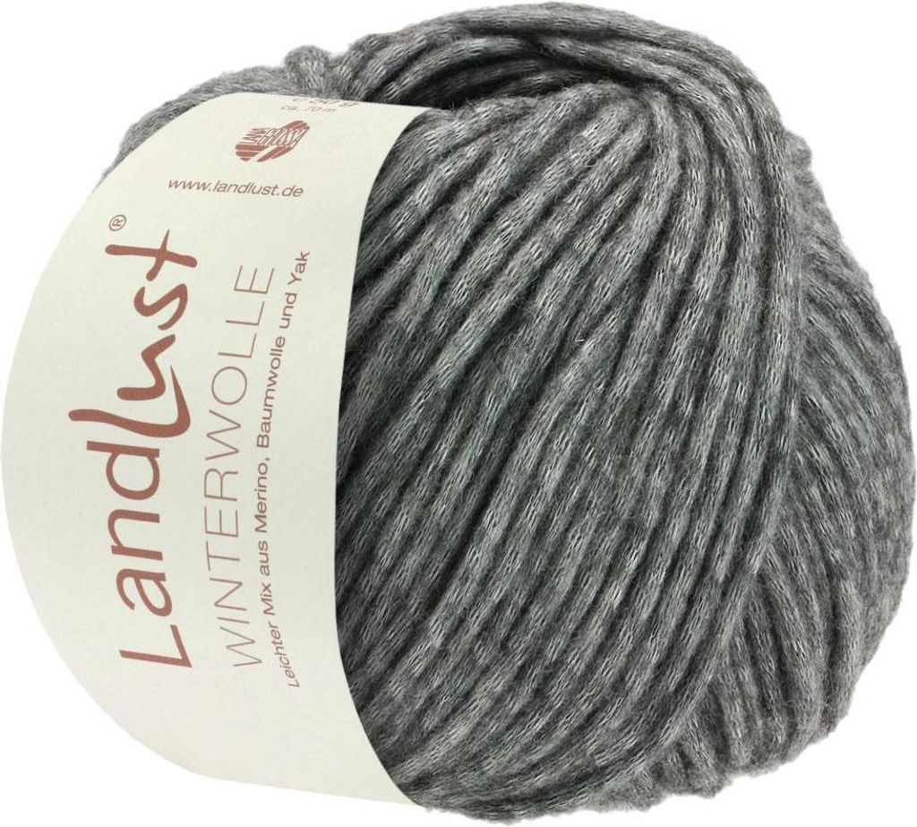A ball of grey yarn with a label.