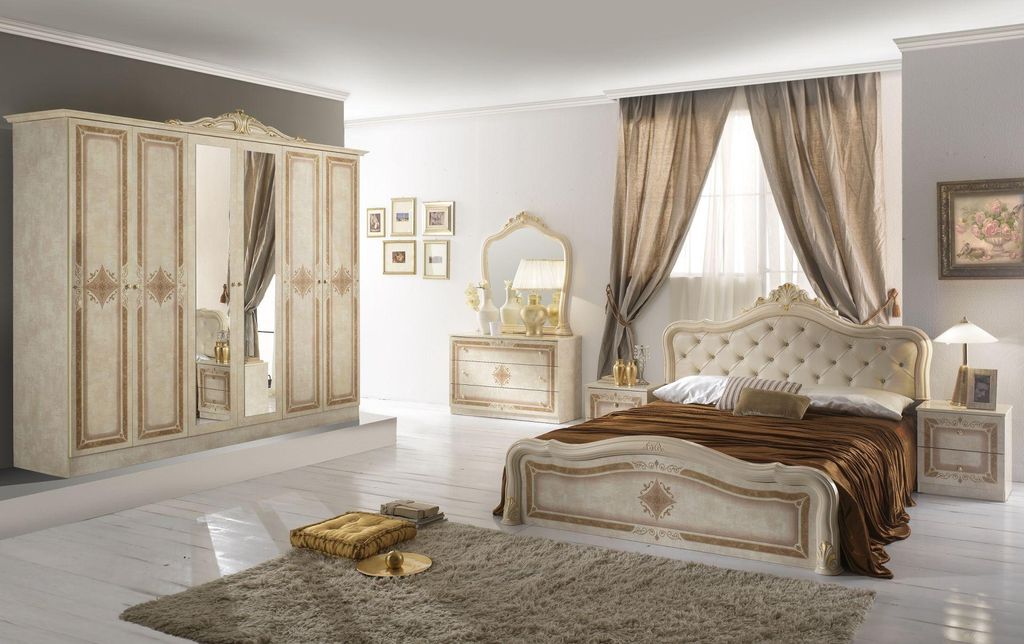 Barock Schlafzimmer-Set Leana 4-Teilig in Beige 160 x 200 cm - mit Kommode + Spiegel - 6-Türig