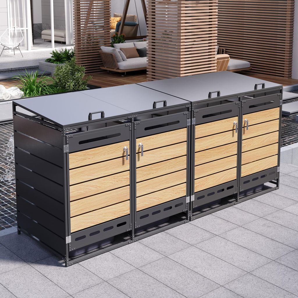 4er Mülltonnenbox mit hydraulischem Deckel, horizontale Produktbild 
