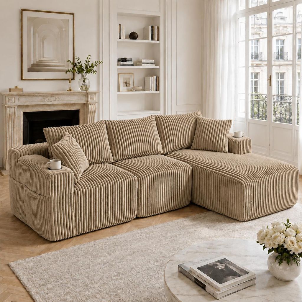 Modulares Sofa Set mit Chaiselongue 2-Sitzer Cordbezug Couch Wohnlandschaft inklusive 5 Kissen Seitentaschen Getränkehalter DIY Kombination