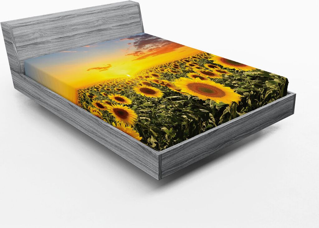 ABAKUHAUS Mittelmeer- Spannbetttuch, Sonnenblumen Feld im Frühjahr Sonnenuntergang Habitat Landschaft Natur Land Rural, 135 x 190 cm, Grün Gelb