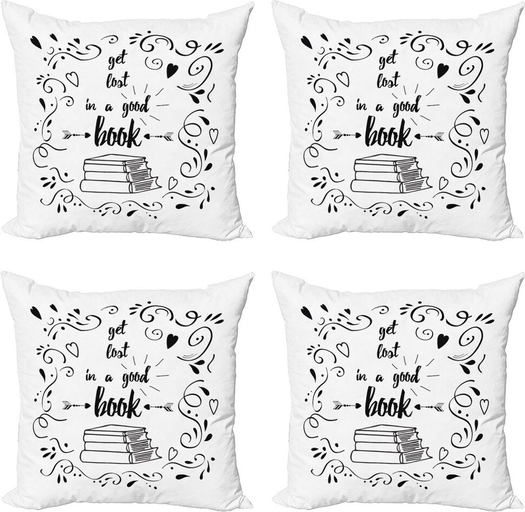 ABAKUHAUS Buch Kissenbezug Set (4 Stück), Erhalten Sie verloren in einem Buch, Moderner Doppelseitiger Digitaldruck, 60 cm x 60 cm, Schwarz-Weiss