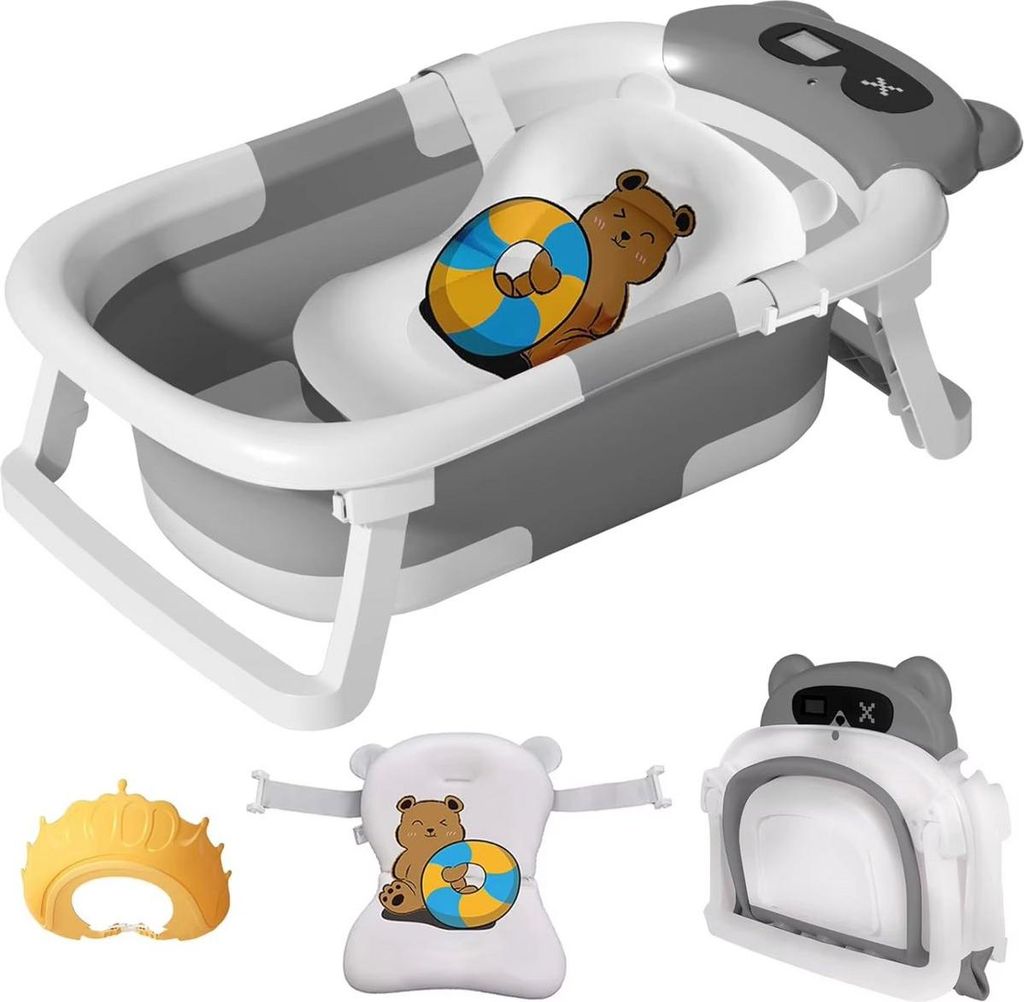 Happyment Babybad – Grau – Mit Temperaturanzeige – Aufstellbares Bad mit Gestell – Sitzbad – Kinderbad – Faltbar