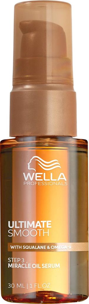 A bottle of Wella Professionals Ultimate Smooth Miracle Oil Serum.