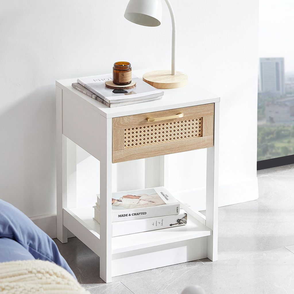 Rattan Nachttisch mit Schublade, moderner Beistelltisch für Schlafzimmer und Wohnzimmer, Weiß, H55xB40xT40 cm