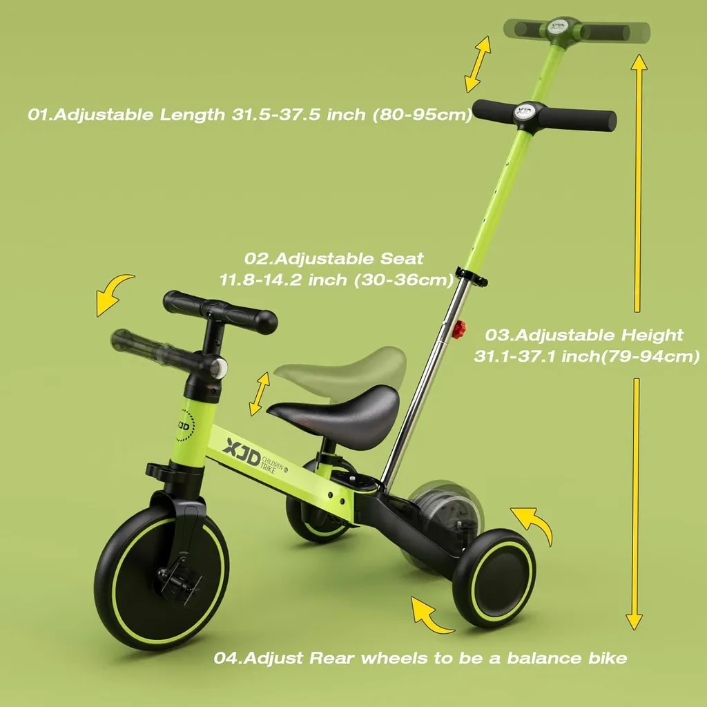 Tricycle évolutif pour bébé XJD Vert avec selle ajustable et 3 roues
