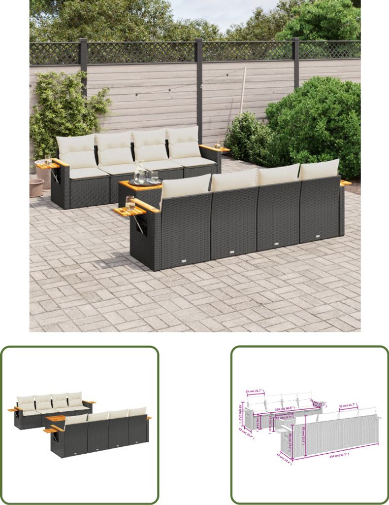 The Living Store 9-tlg. Garten-Sofagarnitur mit Kissen Schwarz Poly Rattan