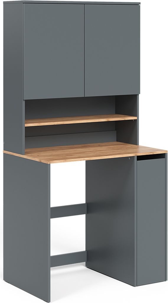 A modern desk with overhead cabinets and shelves, shown against a white background.