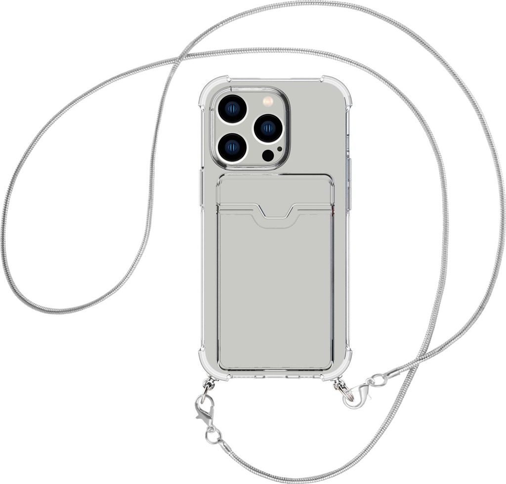 Handykette Backcover-Schutzhülle mit Band (Metall silberfarben) für Apple iPhone 15 Pro - silberfarbene Snake-Kette