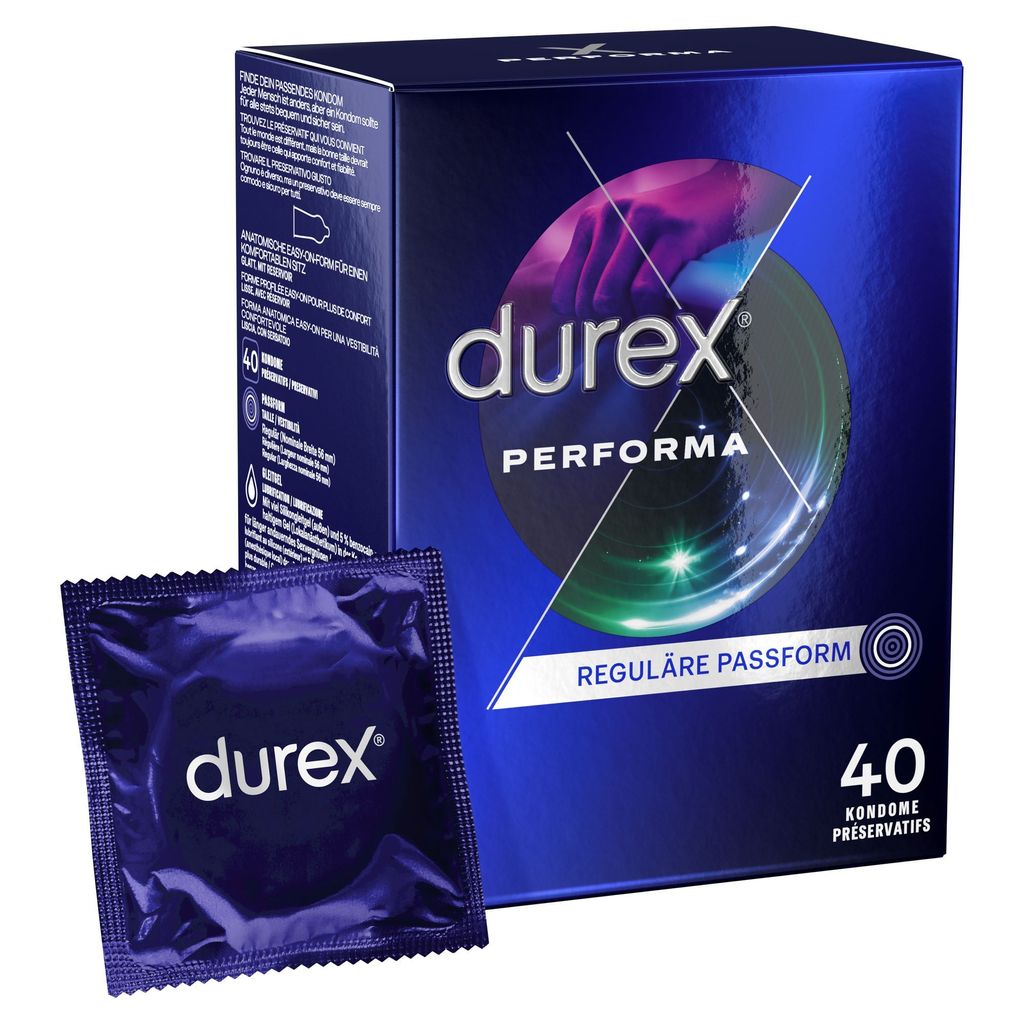 A box of Durex Performa condoms and one individual condom wrapper.