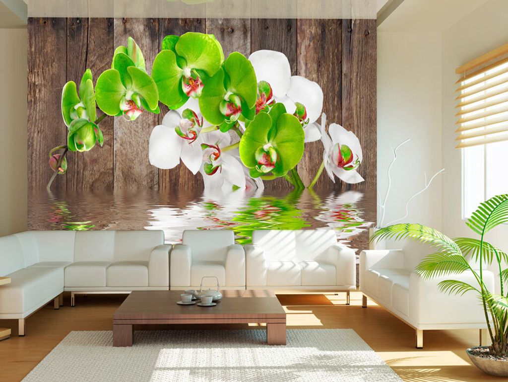 Vlies Fototapete 350x256 cm Tapeten Wandtapete XXL Blumen Wasser Holz Bretter weiß grün Natur b-A-0015-a-d