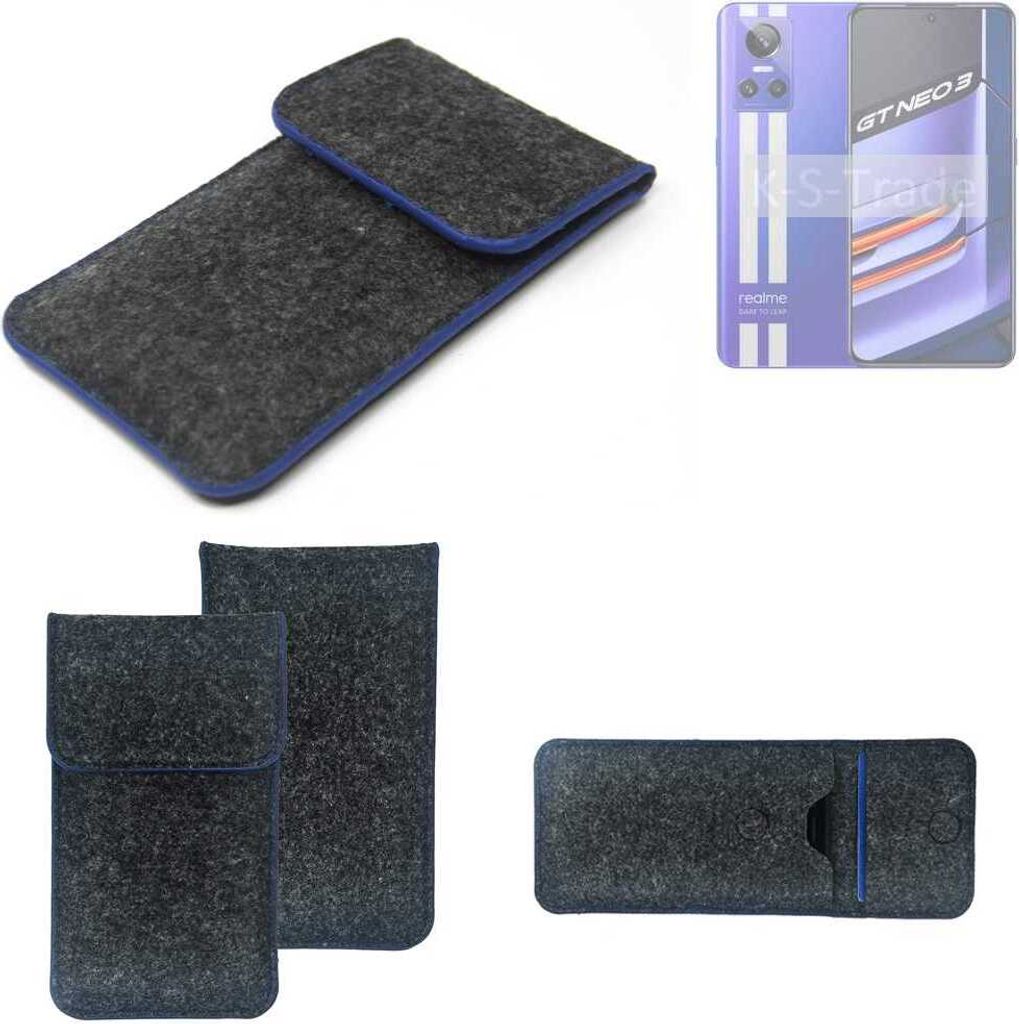 K-S-Trade Handy-Hülle Schutz-Hülle kompatibel mit Realme GT Neo 3 Filztasche Pouch Tasche Case Sleeve Filzhülle dunkelgrau, blauer Rand