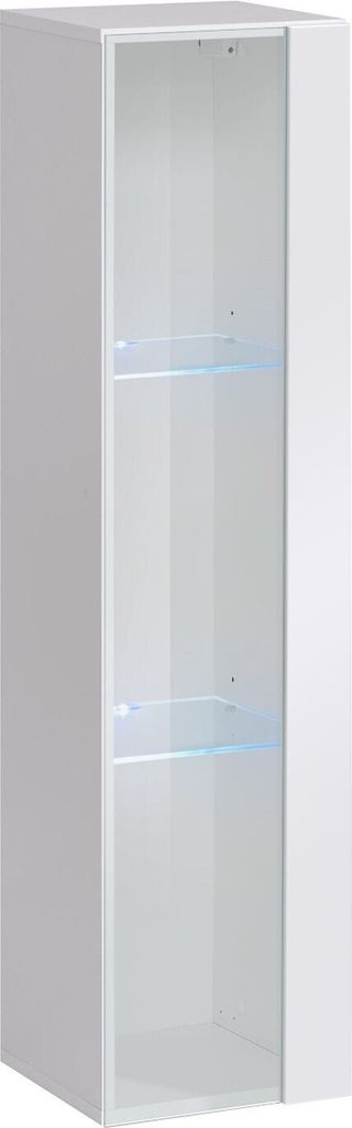 A white, tall, narrow cabinet with glass shelves.