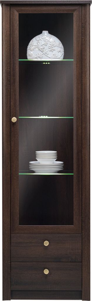 Schmale Vitrine mit Schubladen FRIDLEY - Sonoma Oak Chocolate + GRATIS LED-Beleuchtung