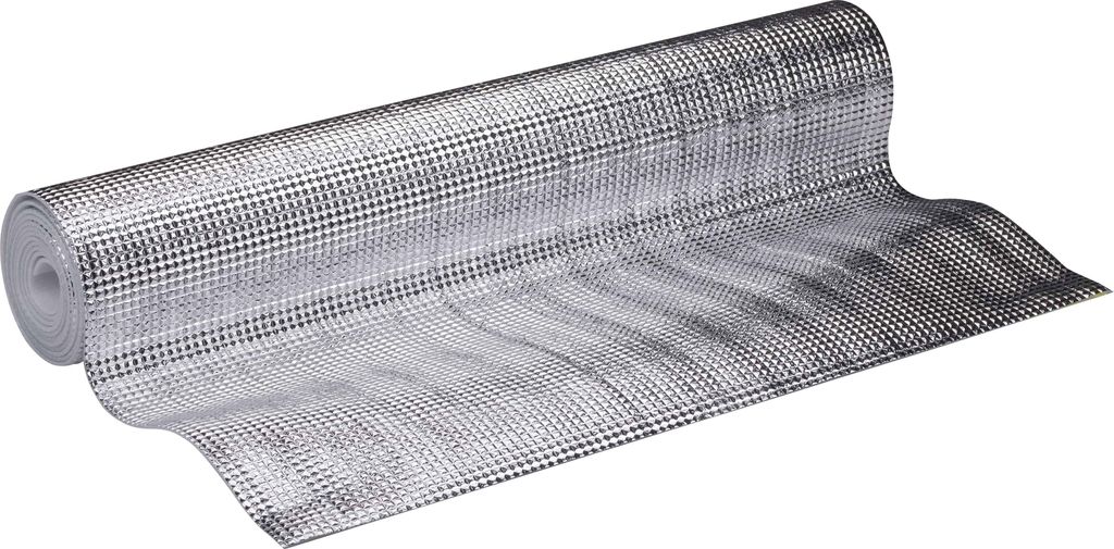 A roll of silver radiator foil is shown diagonally on a white background.