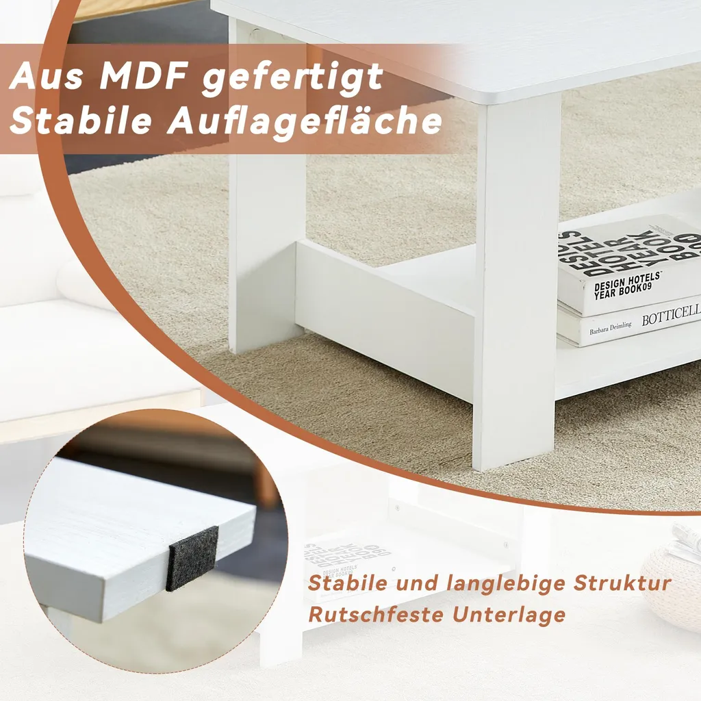 Table basse blanche anti-encombrement avec plateau décor bois