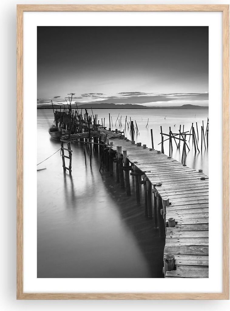 Gerahmtes Poster - Rahmen in heller Eiche - Meer Brücke Landschaft Natur - 50x70 cm - Wand Bild - Wanddeko - Wandbilder - Wandposter - Bilderrahme...