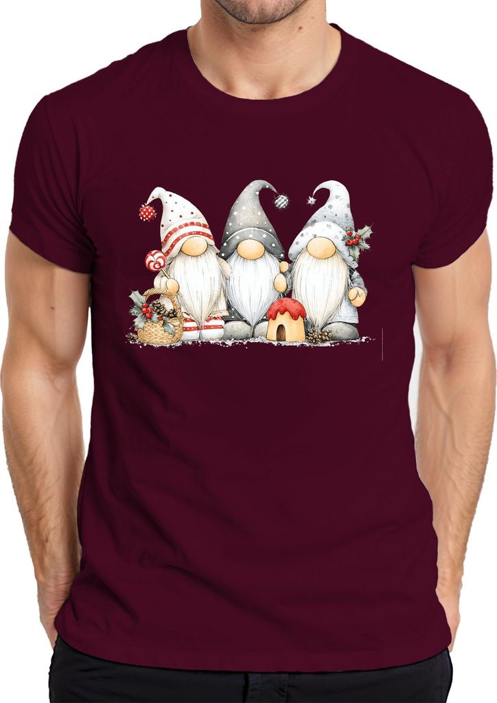 Weihnachtswichtel Gnom Trio Skandinavisch niedlich Geschenk Herren T-Shirt, Burgundy, M