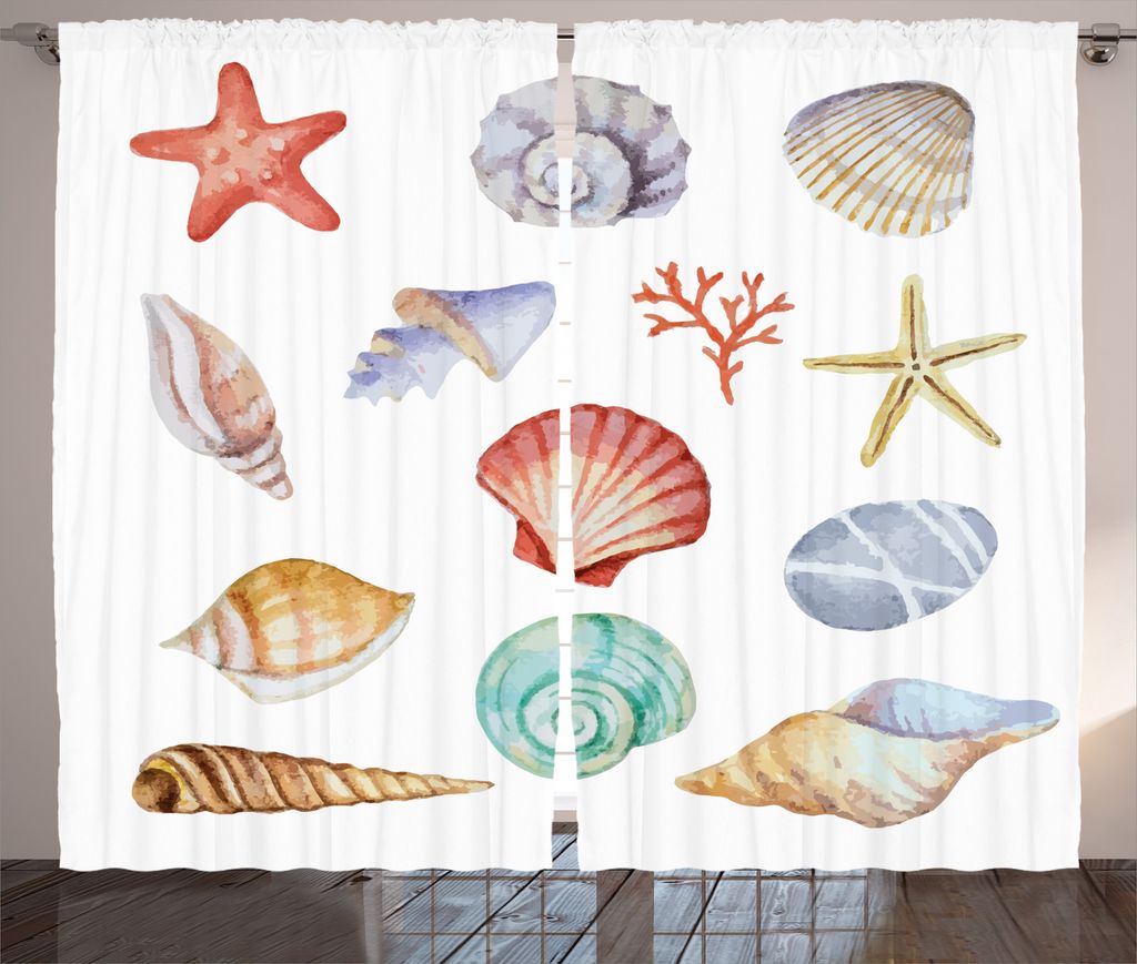 ABAKUHAUS Sommer Rustikaler Vorhang, Seashells exotische Tiere, Wohnzimmer Universalband Gardinen mit Schlaufen und Haken, 280 x 225 cm, Multi