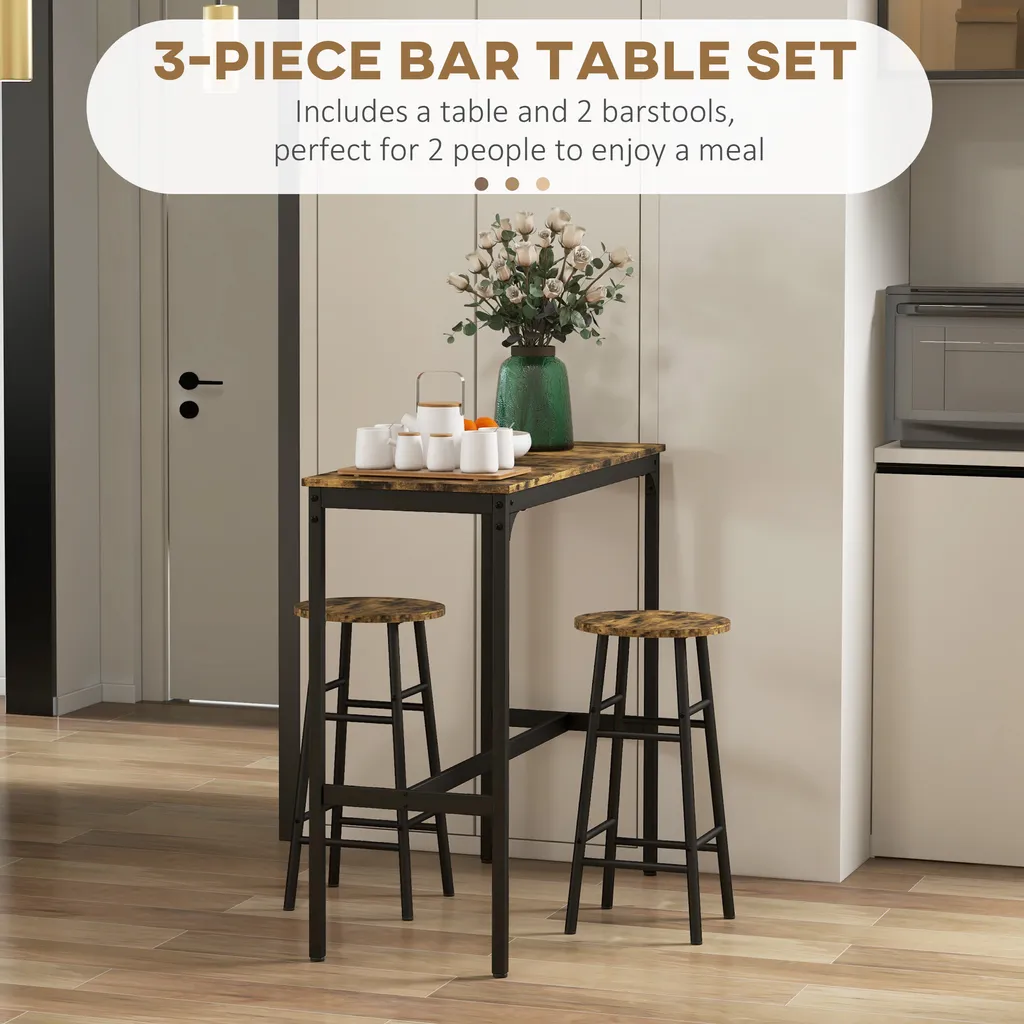 HOMCOM Ensemble table de bar et 2 tabourets style industriel brun noir