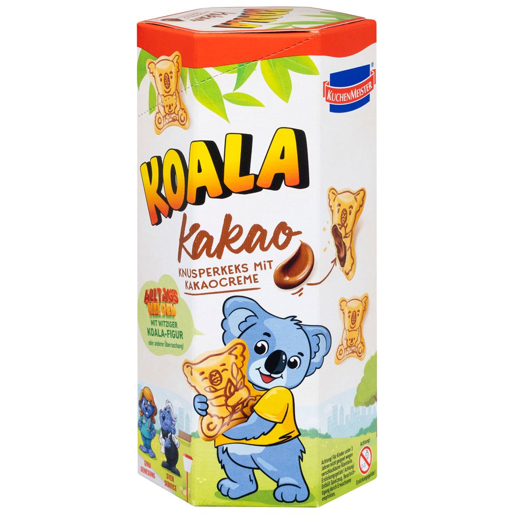 A product package for Koala Kakao cookies, featuring cartoon koala characters and product imagery.