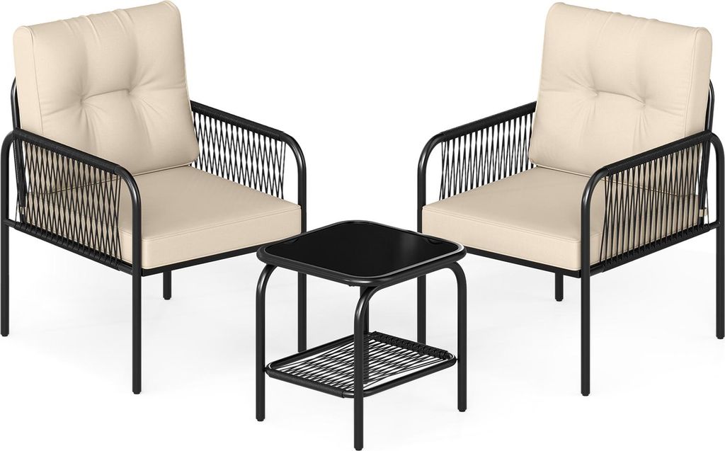 3-teiliges Gartenmöbelset aus Rattan, Sitzgruppe für den Außenbereich mit 1 Tisch aus gehärtetem Glas und 2 Stühlen mit gepolsterten Kissen