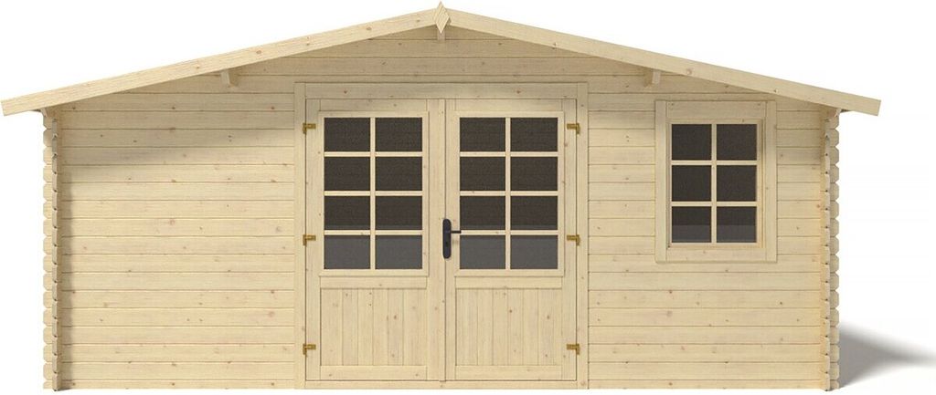 A front view of a wooden garden shed with double doors and a single window.