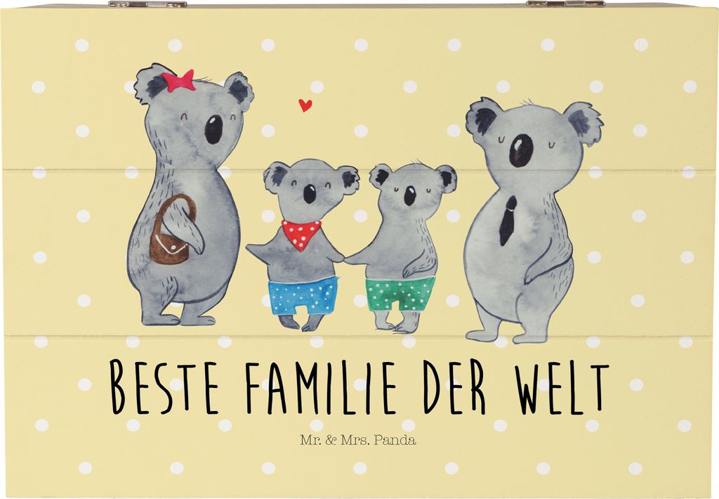 Mr. & Mrs. Panda Holzkiste Koala Familie zwei 22 x 15 cm - Gelb Pastell - Geschenk, schatztruhe, fotobox, mit Deckel, Familienleben, Koalabär, Box...