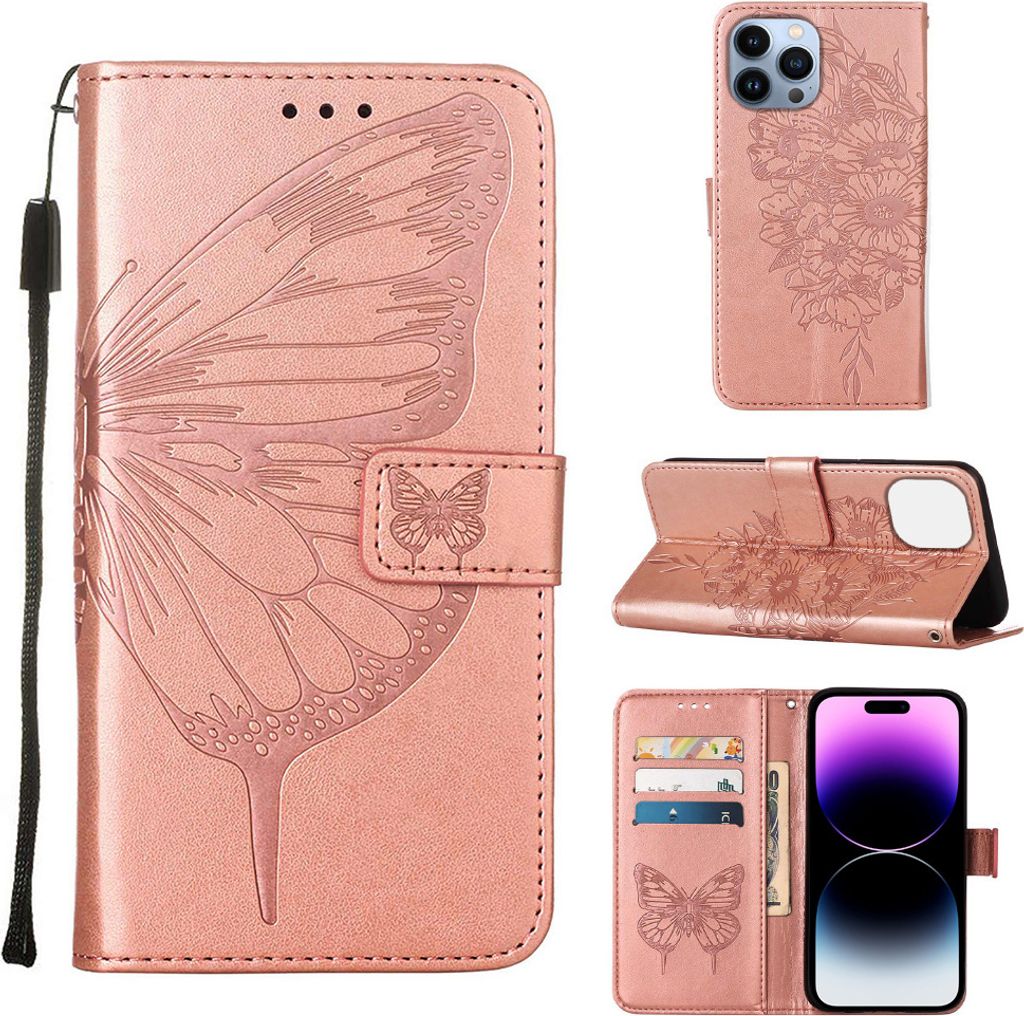 iPhone 15 Pro Hülle, Schmetterling Prägung Flip Leder Kartenfächer Schutzhülle Ledertasche mit Ständer für iPhone 15 Pro Roségold
