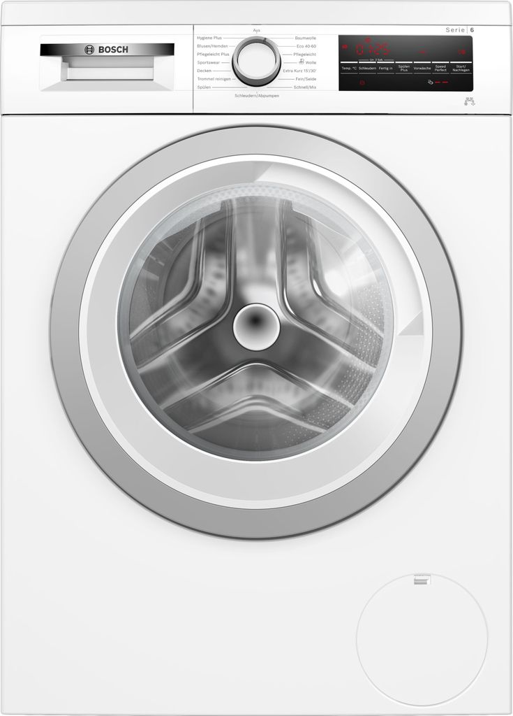 Front view of a white Bosch washing machine.
