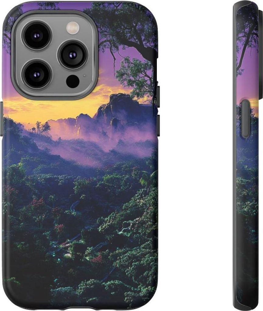 Surrealer Dschungel mit Sonnenuntergang – Handyhülle Kompatibel mit iPhone 14 Pro