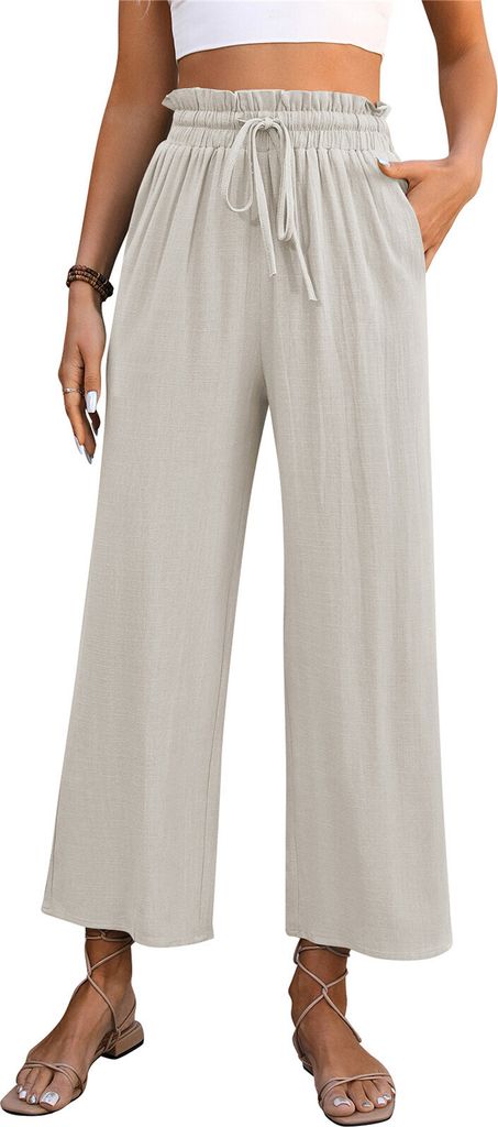 ASKSA Damen Leinenhose Sommer Hohe Taille Leichte Capri Palazzo Hose Freizeithose, Beige, Groesse: S