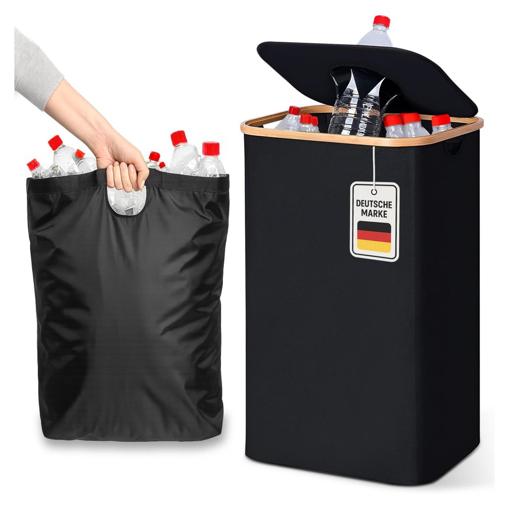 A person is shown placing plastic bottles into a black storage bin with a lid, and the bin itself is also shown filled with bottles.
