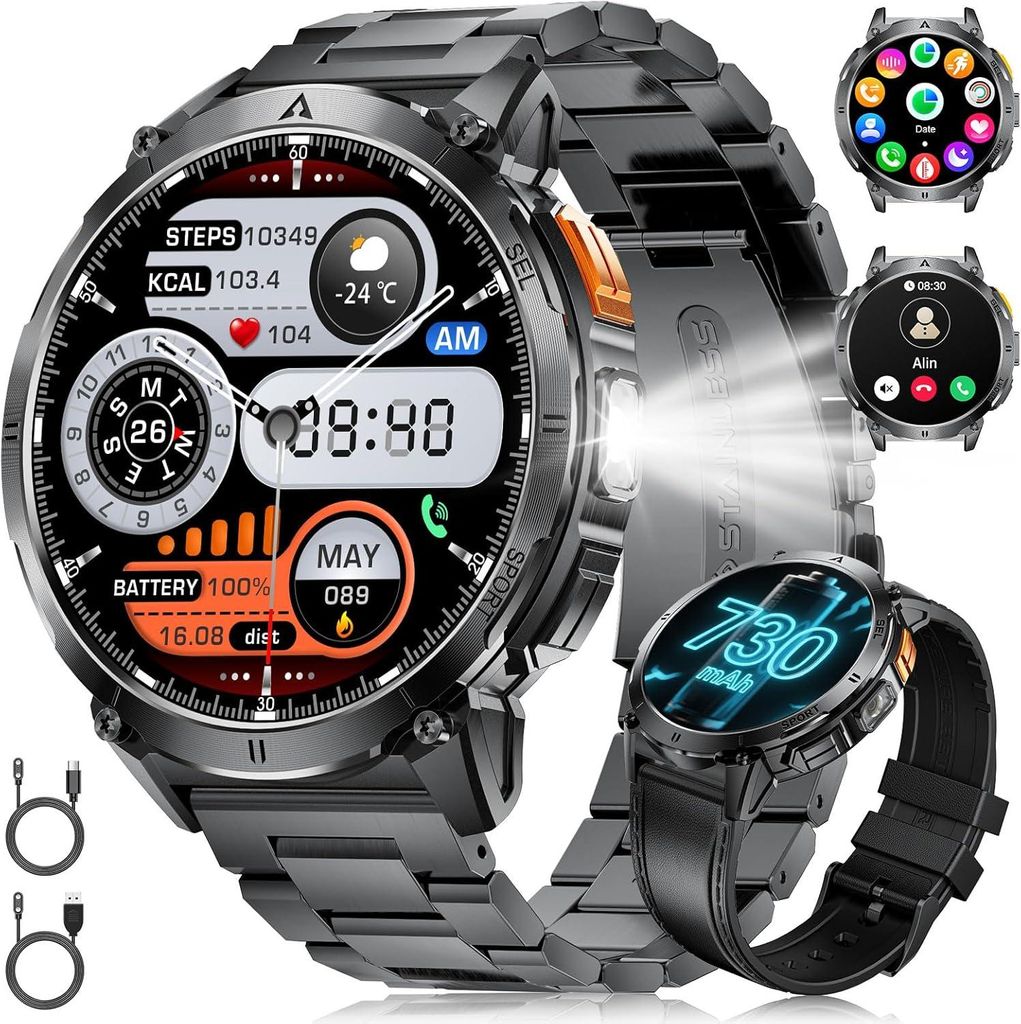 Herren-Smartwatch mit Bluetooth-Anrufen 3 ATM Wasserdichtigkeit LED-Taschenlampe, über 110 Sportmodi, Herzfrequenzmessung, Schlafüberwachung, SpO2
