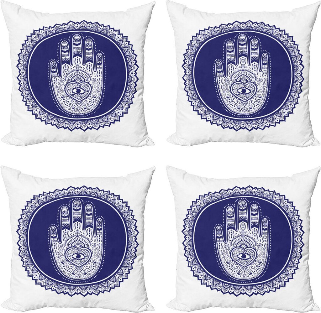 ABAKUHAUS Hamsa Kissenbezug Set (4 Stück), Naher Osten Mandala, Moderner Doppelseitiger Digitaldruck, 50 cm x 50 cm, Marine-Blau und Weiß