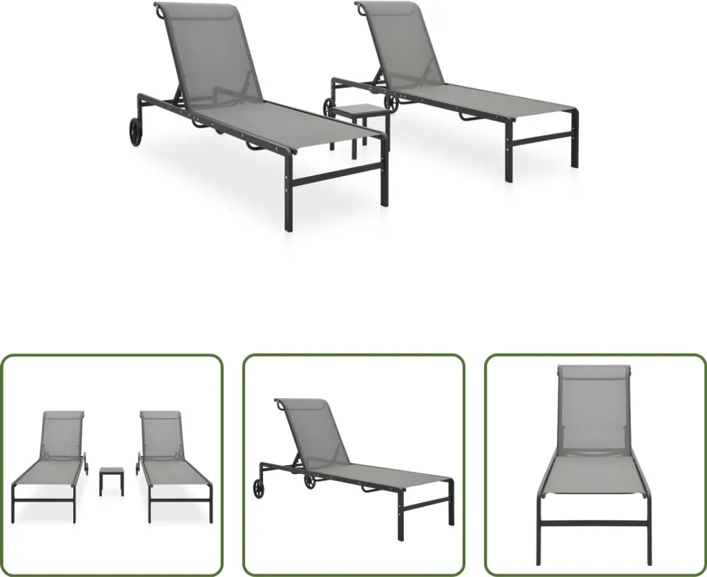 The Living Store Bains de soleil 2 pcs avec table Textilène et acier gris