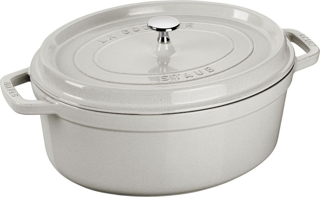 A white oval cast iron pot with a lid.