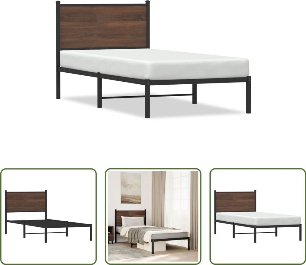 The Living Store Bettgestell mit Kopfteil Metall Braun Eichen-Optik 80x200 cm