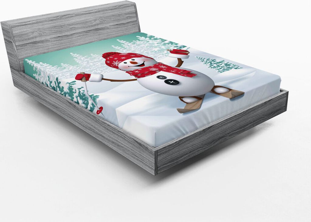 ABAKUHAUS Weihnachten Spannbetttuch, Schnee bedeckte Berg mit Tannenbäumen und Schneemann Advetszeit Feiertage, 140 x 200 cm, Teal Rot Weiß