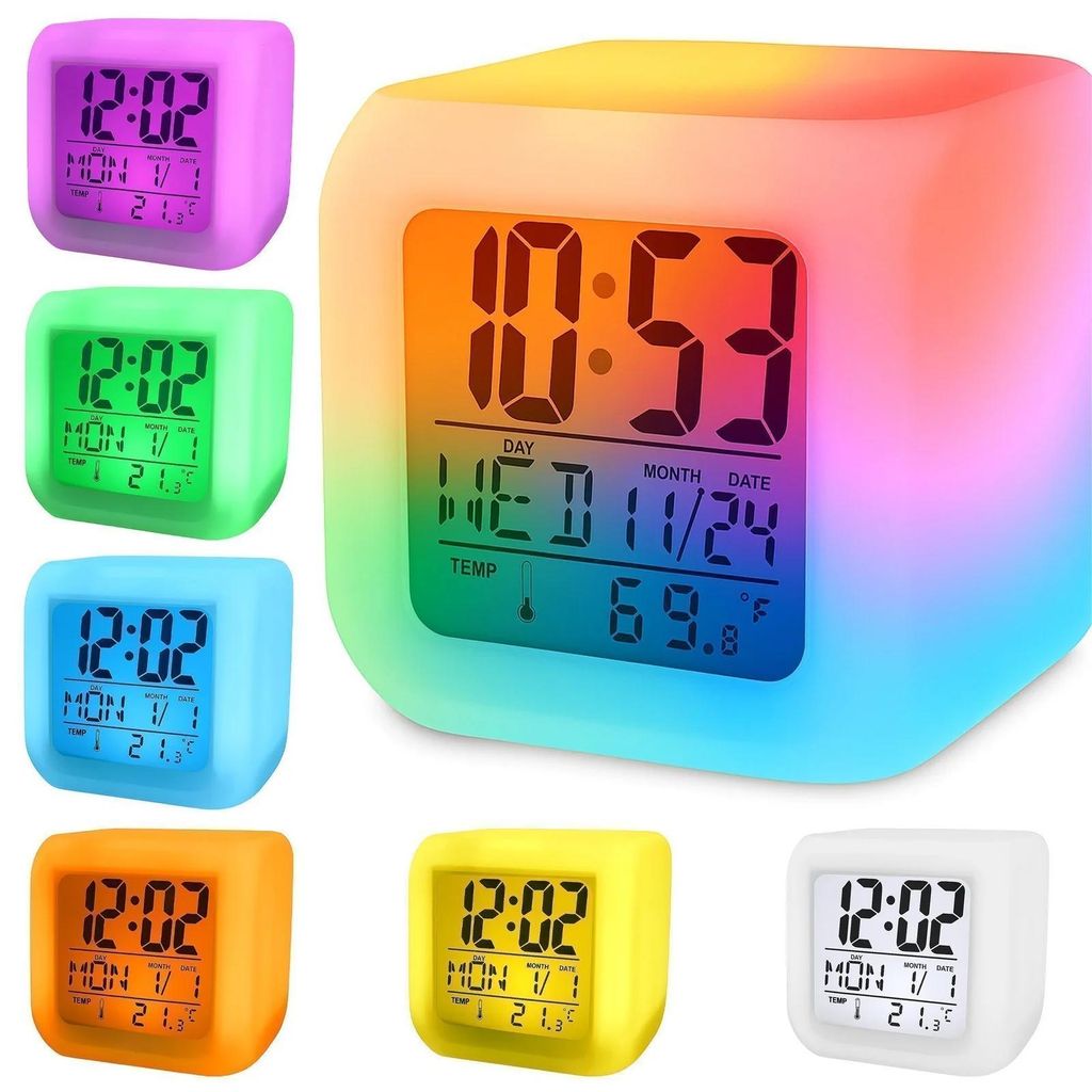 Wecker Uhr leuchtend Kameleon LED-Würfel, mit Thermometer Datum Kalender, Farbwechsel Nachtlicht, digital 12-24 h