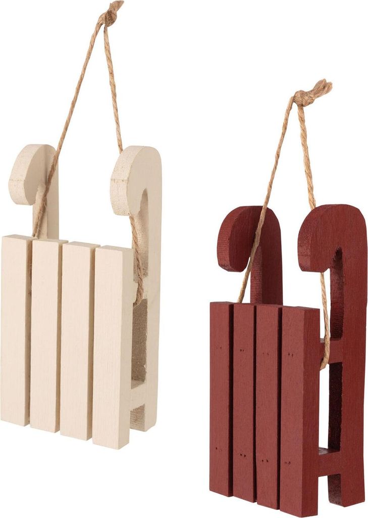 12x Christbaumdekor Christbaumschmuck "Schlitten" Holz weinrot / weiß 9,5cm