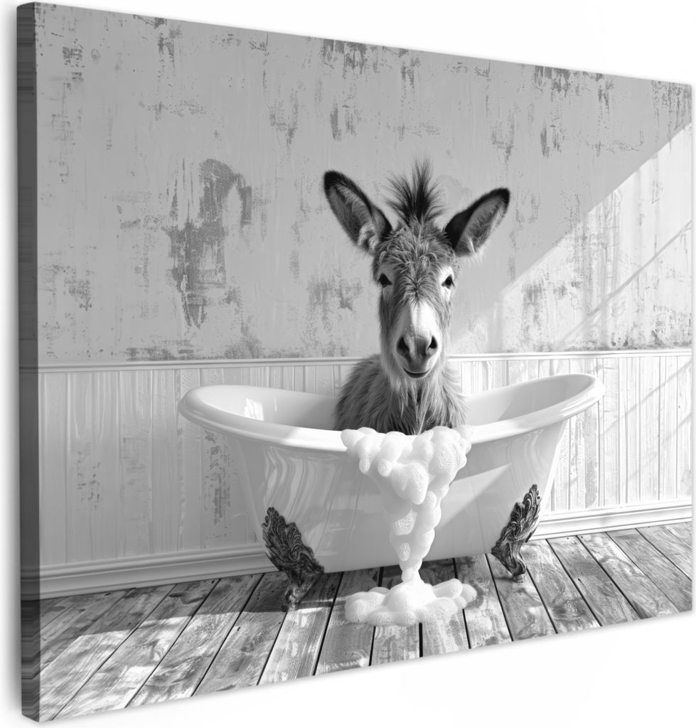 MuchoWow - Leinwandbilder - Esel - Tier - Vintage - Badewanne - Schwarz - Weiß, Wandbild, Wanddeko Bilder Wohnzimmer, 80x60 cm