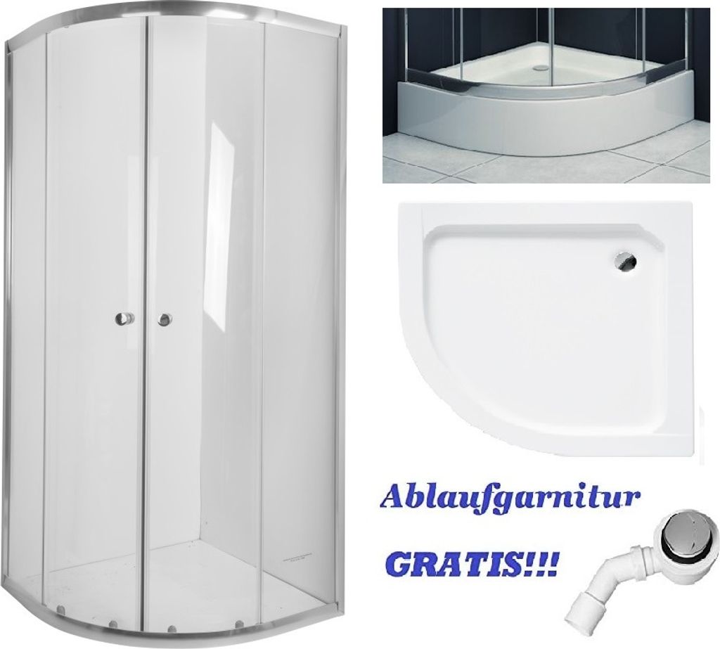BADLAND Duschwanne und Duschkabine Vitoria Transparentes Glas 80x80 180cm Halbrund mit Ablaufgarnitur GRATIS