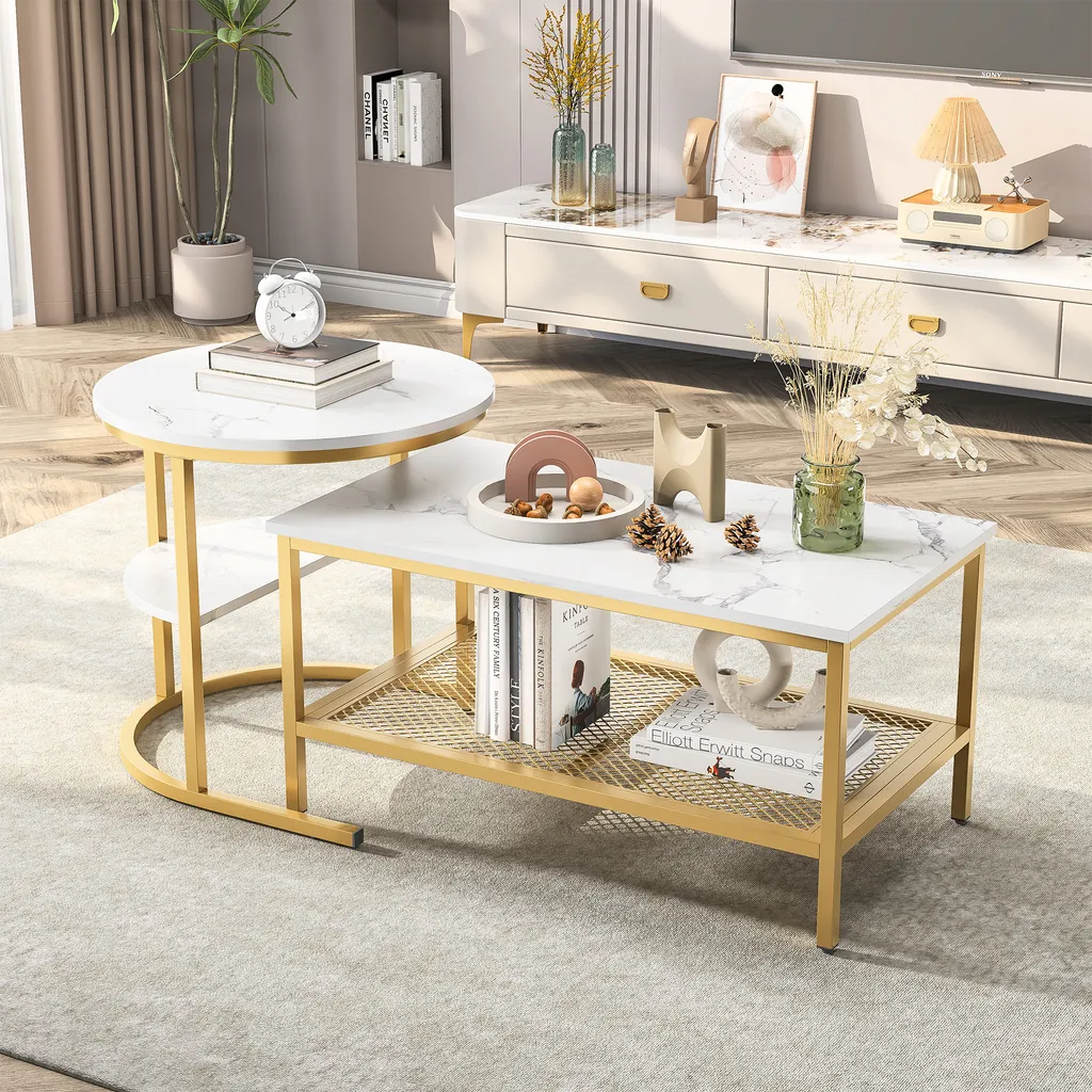 Fortuna Lai Set 2 Tavolini Divano Marmo Bianco - Struttura Oro e Ripiano