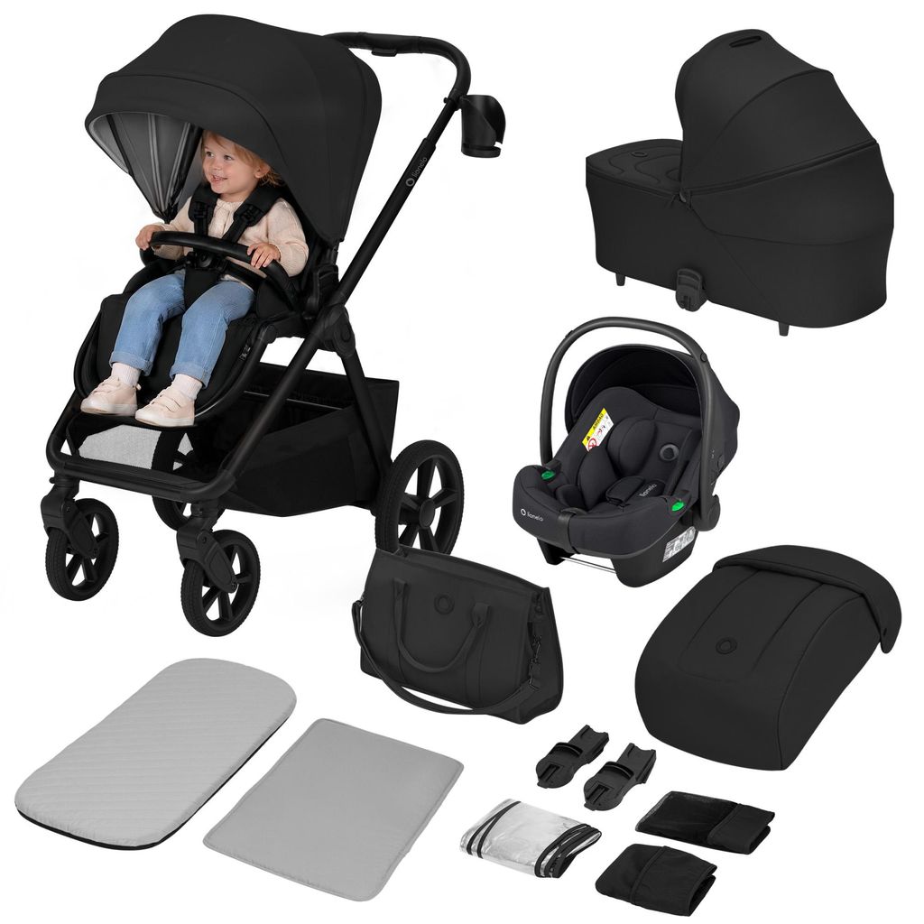 Lionelo Kinderwagen Carmine 3in1 mit Autositz i-Size, Babywanne & Buggy, GravelTech Räder, Federung, UPF50+ Schwarz