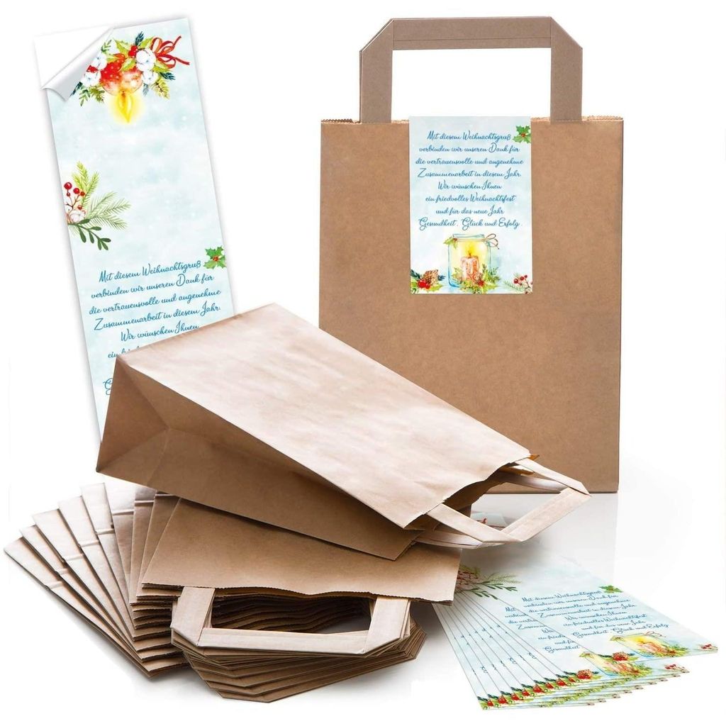Logbuch-Verlag 25 Weihnachtsverpackung Papierbeutel mit Weihnachtskarte am Weihnachten Aufkleber für Kunden Mitarbeiter Kollegen Kundengeschenk
