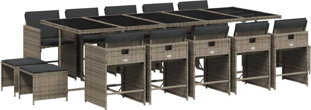 vidaXL 15-tlg. Garten-Essgruppe mit Kissen Grau Poly Rattan