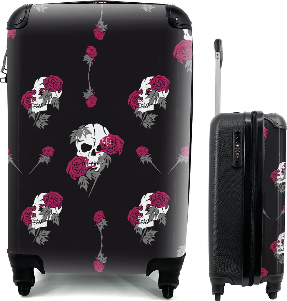 MuchoWow MuchoWow Koffer Handgepäck Trolley Rollkoffer Kleine Reisekoffer mit 4 Rollen - Mädchen - Totenkopf - Rosen - Muster - Mädchen - Ki...