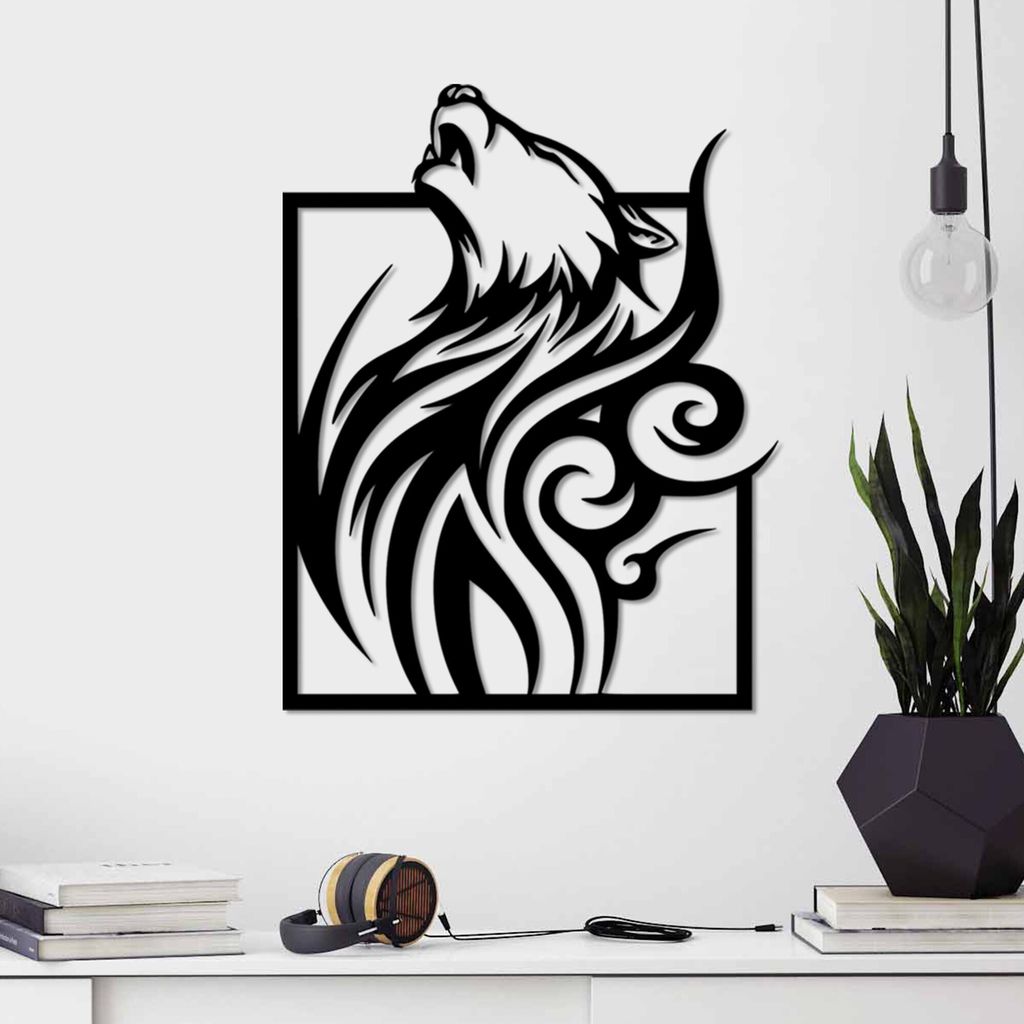 Wallity, Wolf in Frame, Dekoratives Wandaccessoire aus Metall, Schwarz, 100 % METALL, 55 x 43 cm