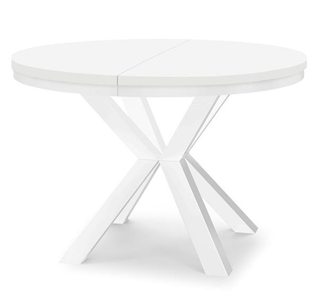 A white round dining table with a striking X-shaped base is shown against a white background.